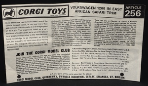 Corgi toys 256 vw 1200 east african safari rhino kk221 leaflet