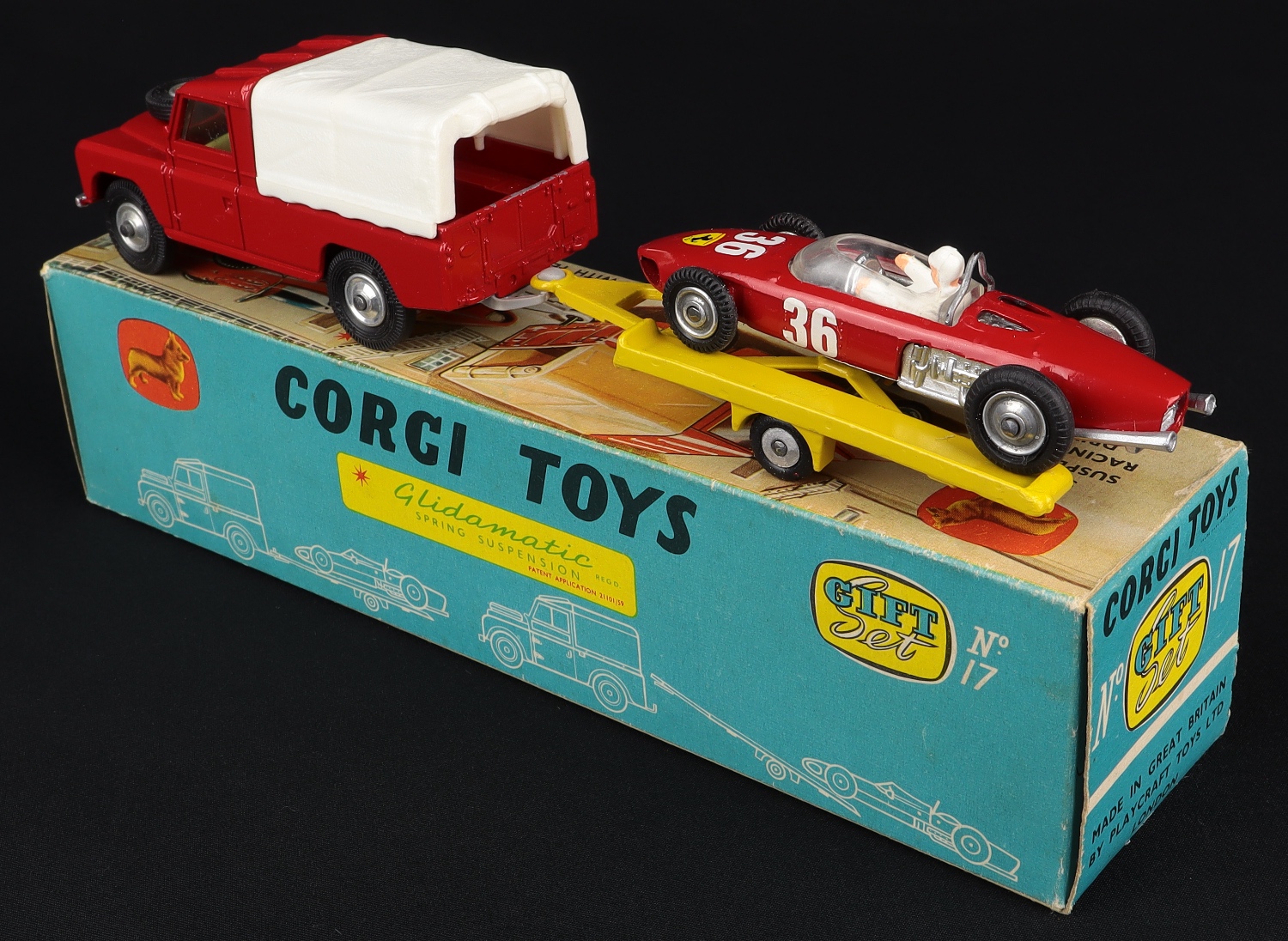 Corgi Toys Gift Set 17 Land-Rover with Ferrari Racing Car on Trailer - QDT