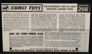 Corgi toys 256 volkswagen 1200 safari east african trim rhino kk361 leaflet
