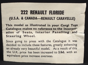 Corgi toys 222 renault floride ll117 leaflet