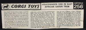 Corgi toys 256 volkswagen 1200 east african safari rhino ll637 leaflet