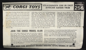 Corgi toys 256 volkswagen 1200 east african safari with rhino ll772 leaflet